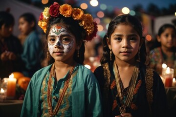 A couple of Mexican girls with traditional costume at the night of the dead celebration - obrazy, fototapety, plakaty