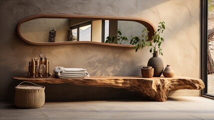 Fototapeta na wymiar A rustic wooden bench made from a tree trunk stands in a spacious hallway, embodying the minimalist home interior design of the modern entrance hall with a door