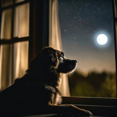 Dog laying down in the darkness looking out of a window and looking at the moon