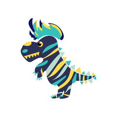 Cute multicolored striped dinosaur with colorful mohawk. One from the collection for kids. Vector illustration