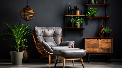 A shelving unit and a console table are placed near a dark wall, contributing to the Scandinavian style interior design of the modern living room with a wooden chair