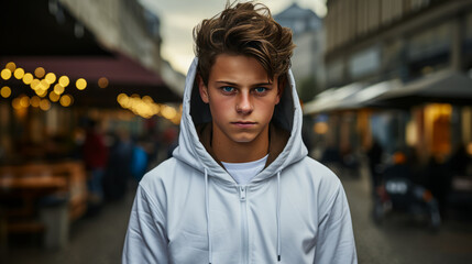 Captivating portrayal of a young streetwear model expressing intense rage in urban clothing, epitomizing furious emotions and street culture style.