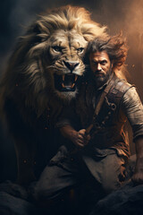 Samson and a lion the biblical hero with superhuman strength who freed Gods people from the Philistines Generative AI Illustration