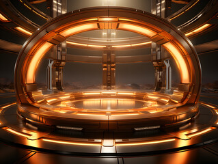 Futuristic spaceship interior with glowing lights. 3D Rendering