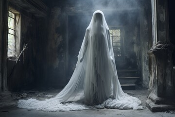 Ethereal female wraith in white haunting a ruined house. Bride. Halloween concept - obrazy, fototapety, plakaty