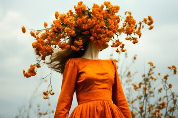 portrait d'une femme cachée derrière des fleurs oranges.