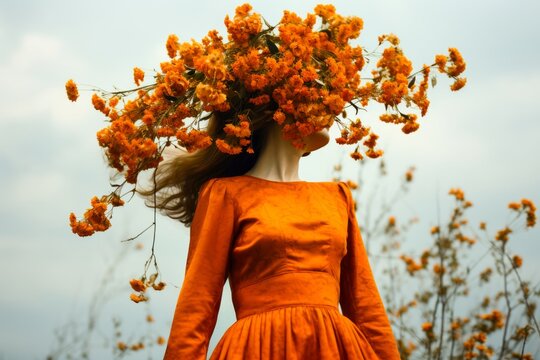 portrait d'une femme cach&eacute;e derri&egrave;re des fleurs oranges.