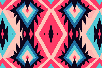 Geometric Ikat tribal seamless pattern, Vibrant ethnic motif textile print.