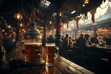 long wooden tables in the pub with beer mugs and people at Oktoberfest