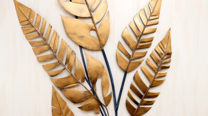 Gold feathers on a textured background. 3d rendering, 3d illustration. Ai generative.