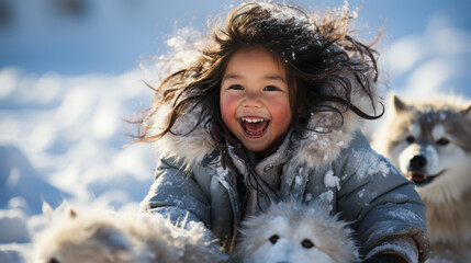 Captivating image of a joyful Inuit child, wide-eyed with excitement and jubilance, elatedly sledging in snowy Arctic, epitomizing pure thrill and overjoyed childhood. - obrazy, fototapety, plakaty