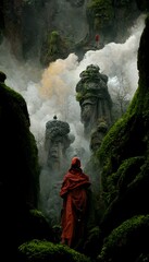 a futuristic forestpunk male monk in red and black robes of smoke prepares for battle by pondering the orb the entrance of Valhalla made in rocks moss djungle heavy rainstorm ornate beautiful 