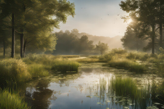 visual representation of nature-based solutions, such as restored wetlands, to mitigate climate change, environment concept, generative ai