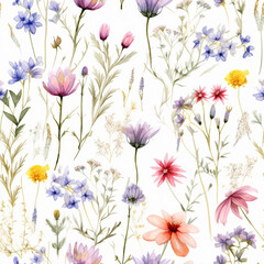 Fototapeta na wymiar pattern of wildflowers in watercolor style, with soft colors and delicate brushstrokes, on a white background 01