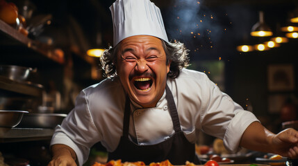Exuberant chef in euphoria, delight visible on wide joyful smile. Culinary expert overjoyed amidst kitchen utensils with whisk, emblem of jubilant gastronomy. - obrazy, fototapety, plakaty