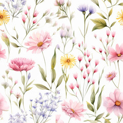 Fototapeta na wymiar pattern of wildflowers in watercolor style, with soft colors and delicate brushstrokes, on a white background 05