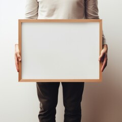 Picture frame mockup, horizontal wodden frame, held by a person, white wall, aspect ratio 4:3