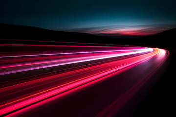 Neon light trail on highway in the night sky, red and pink, slow motioned light trail. Generative AI