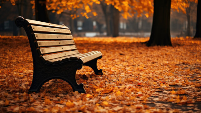 banc public dans un parc entour&eacute; de feuilles mortes au mois de novembre en automne