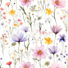 pattern of wildflowers in watercolor style, with soft colors and delicate brushstrokes, on a white background 12