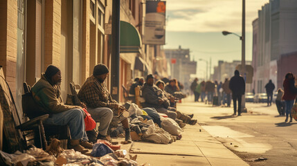 Homeless encampment on a gritty street in the inner city.  - obrazy, fototapety, plakaty