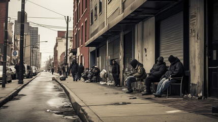 Homeless encampment on a gritty street in the inner city.  - obrazy, fototapety, plakaty