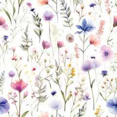 pattern of wildflowers in watercolor style, with soft colors and delicate brushstrokes, on a white background 14