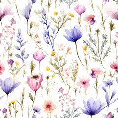 pattern of wildflowers in watercolor style, with soft colors and delicate brushstrokes, on a white background 15