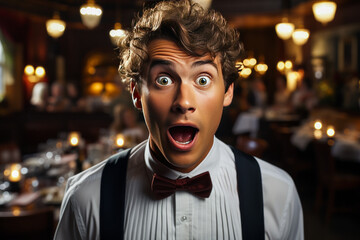 Captivating visual of a stunned waiter in a restaurant, expressing immense shock and surprise. Emotion vividly captured to portray astonishment. - obrazy, fototapety, plakaty