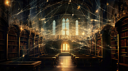 Fototapeta na wymiar Spider Webs in an Ancient Library