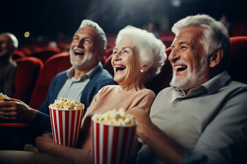 Happy elderly people watching movie in cinema theater with popcorn, National Grandparents Day, International Day of Older Persons
