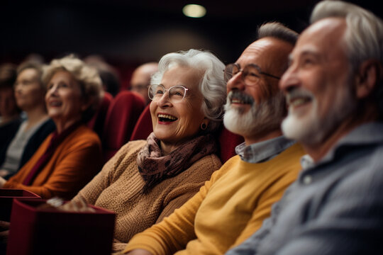 Happy elderly people watching movie in cinema theater. National Grandparents Day, International Day of Older Persons - Powered by Adobe