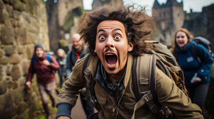 Fototapeta premium Captivating depiction of a frightened tour guide in Scotland, showcasing wide-eyed fear against the backdrop of a historic castle. Emphasises panic and startled reactions.