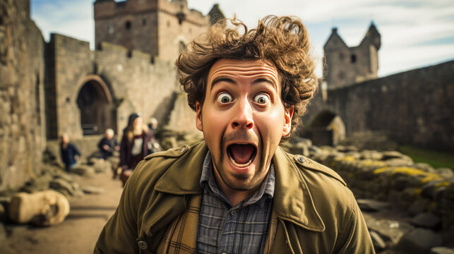 Stunning visual of terror-struck tour guide with wide eyes in historic Scottish castle suggesting deep intrigue, emphasizing fear and alarm in tourism milieu.