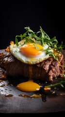Succulent Beef Steak with Fried Egg: Keto-Friendly Carnivore Delight, a beautifully cooked beef steak, meat meal,  no carbs, minimal carbohydrate content