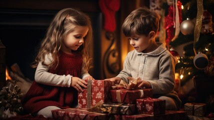 Two little kids opening xmas presents at home under the Christmas tree