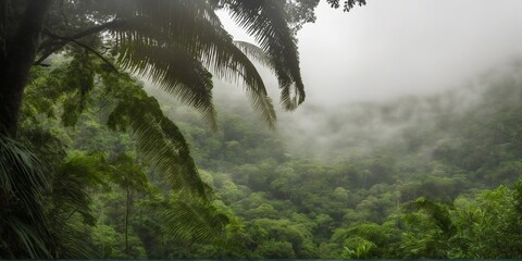 Rainforest landscape with trees and fog - theme conservation, climate change and renewable energy - 