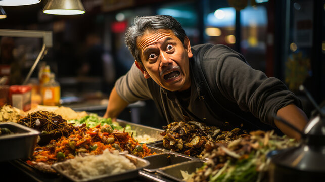 Captivating image of an anxious taco vendor biting his nails in worry, an expression of nerve around the bustling street food stand filled with tortillas.