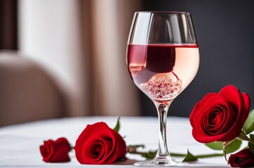 Glass of Wine and Rose for a Romantic Setting