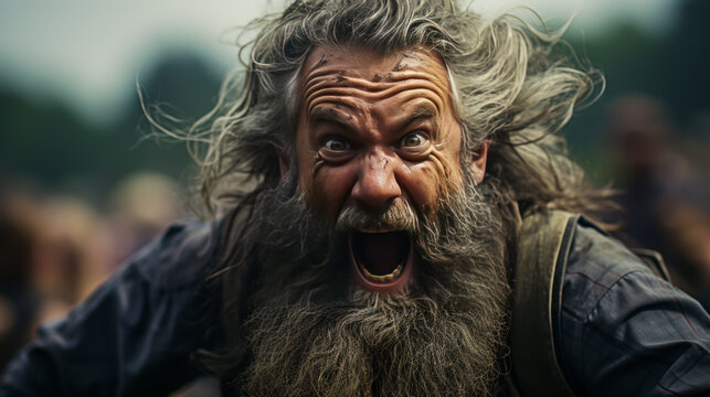Dramatic portrayal of an angry caber tosser at the Highland games in Scotland, evoking strong emotion through his rage-filled expression.