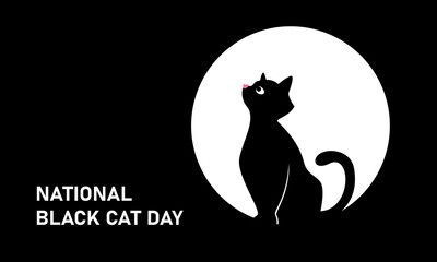 National Black Cat Day. Black cat against the background of a lantern or the moon. Vector web banner on black background