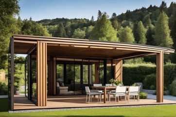Contemporary Outdoor Seating Enhancements Featuring a Pergola, Awning, Dining Set, and Grill