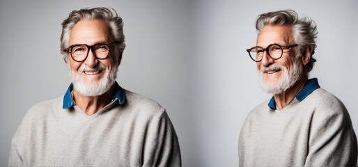 Smiling senior man with a beard in a sweatshirt on a white background - obrazy, fototapety, plakaty
