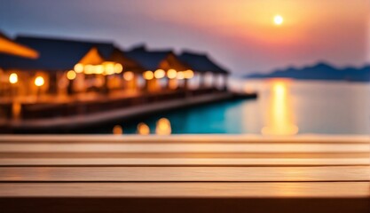 Wooden Table with a Blurry Seaside Café Backdrop Featuring Sparkling Lights. High-Quality Image