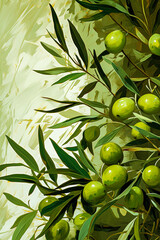 Fototapeta premium Generative AI Background illustration of healthy olives on the tree branch