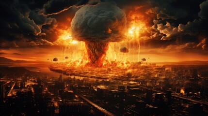 An explosive nuclear detonation, resulting in a catastrophic mushroom cloud, occurring over a city during a nuclear war or atomic bomb event