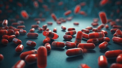 A 3D medical illustration background depicting a group of antibiotic pill capsules falling, symbolizing healthcare and medical concepts - obrazy, fototapety, plakaty