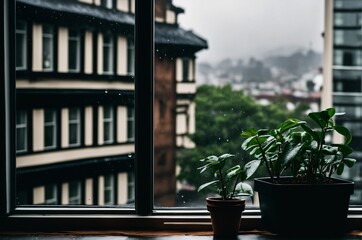 View from a plant-cluttered desk out a window into a rainy city, 