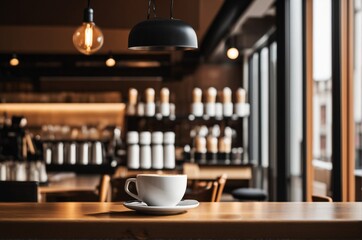 Beautiful Coffee Shop Photo with Charming Shelf and Table Arrangement, Ideal for Cafe or Restaurant Decor, Enhanced by a Magical Bokeh Background