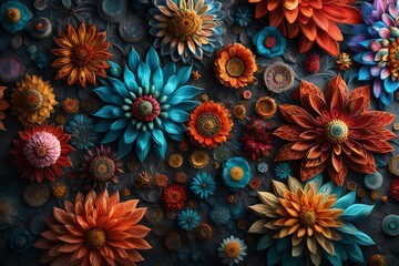 Fototapeta na wymiar Transform your space into a vibrant masterpiece with a 3D rendering of a colorful, intricately designed flower adorned with captivating motifs, perfect for canvas print interior wall decor